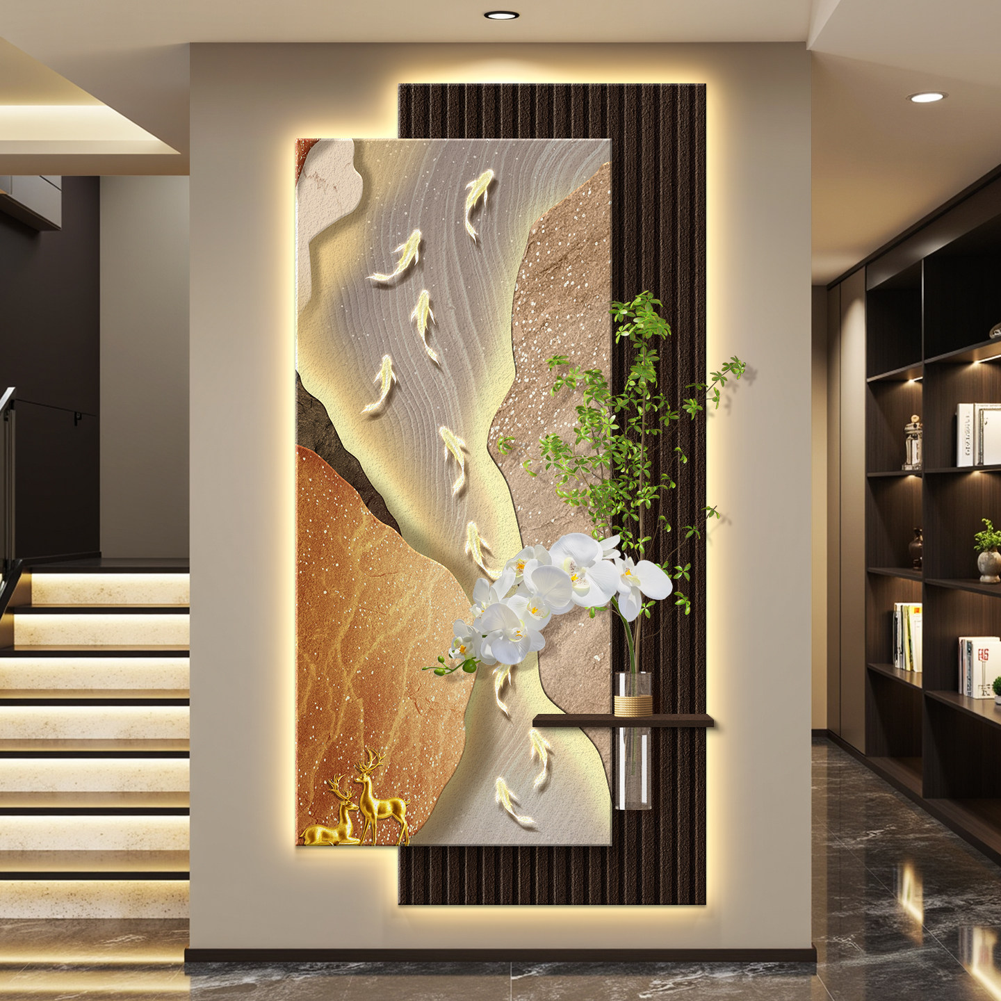 九鱼图led灯入户玄关装饰画走廊过道挂画壁画现代高级感立体砂岩