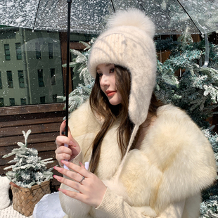 显脸小真旅行滑雪帽子兔绒混纺休闲百搭冬季保暖雷锋帽狐狸毛球球