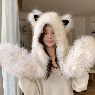 旅行凹造型皮草风雪帽冬貉子毛编织帽子围巾一体真毛可爱耳朵女帽