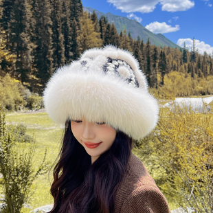 韩版可爱醒狮帽水貂毛皮草帽子狐狸毛渔夫帽显脸小拍照旅行真毛帽