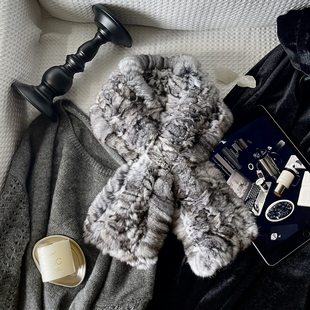 黎宿手工编织龙猫围巾高级百搭皮草围脖黑丝绒栗鼠毛青紫蓝毛领子