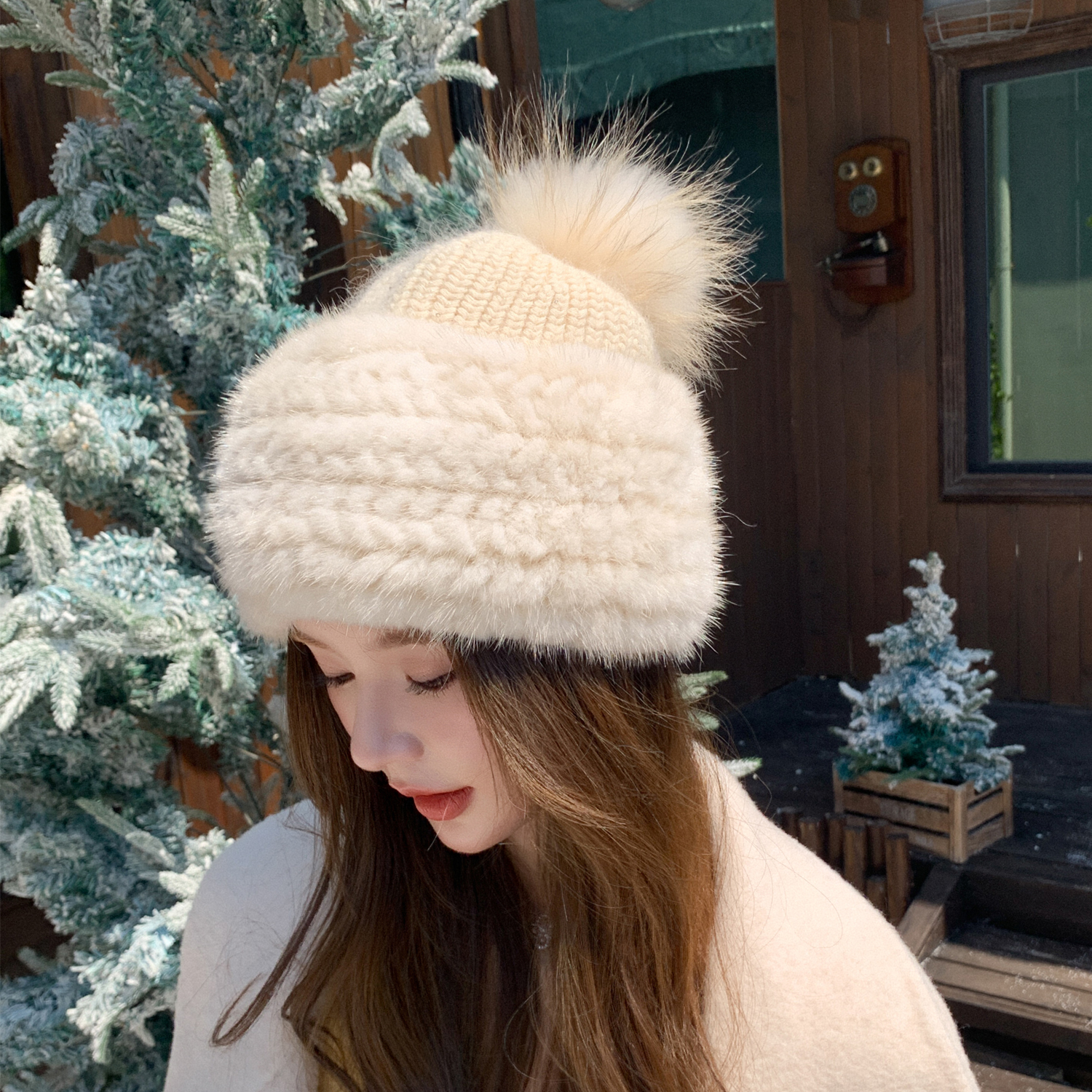 黎宿休闲冬季貂皮保暖女帽水貂编织帽檐真毛皮草帽子可爱貉子毛球