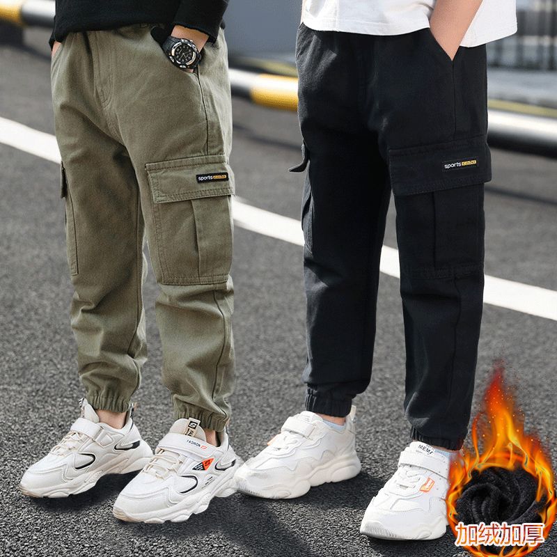 男童加绒裤子冬纯棉工装裤中大童