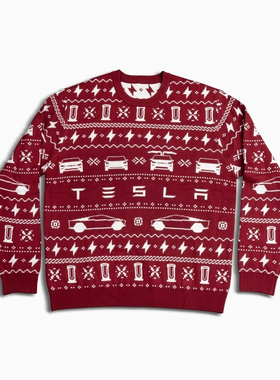 同款特斯拉Tesla提花毛衣红色新款套头复古秋冬慵懒针织衫打底