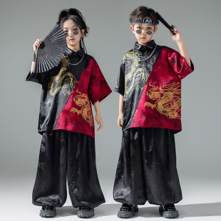 儿童中国风演出服hiphop嘻哈国潮男童街舞套装金色龙纹女童表演服