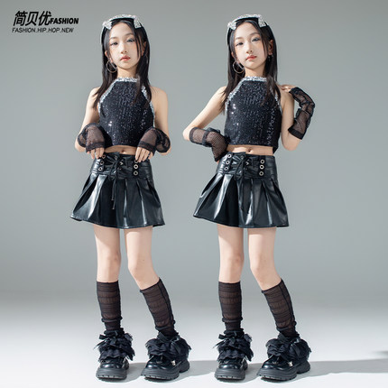 女童爵士舞服装模特走秀潮酷时髦黑色蕾丝套装露脐儿童街舞表演服
