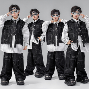 街舞儿童潮服hiphop嘻哈衬衫 男童架子鼓演出服少儿表演服 马甲套装
