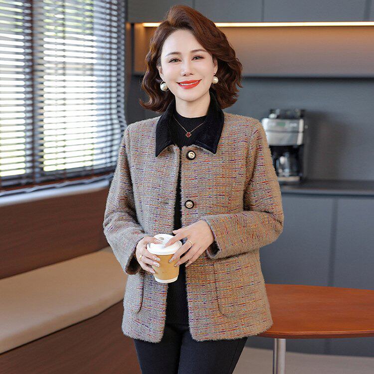 中老年妈妈装短款外套 春秋洋气翻领上衣 宽松大码中年女士外搭