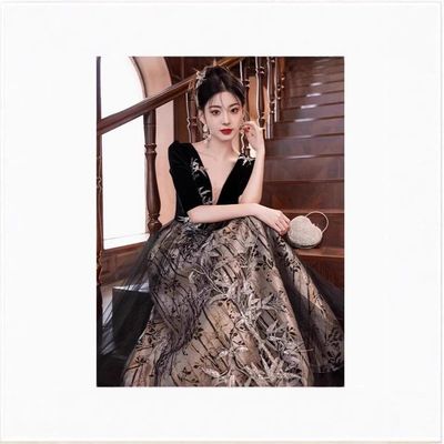 黑色晚礼服裙高端轻奢小众V领中袖宴会主持演出端庄大气学生艺考