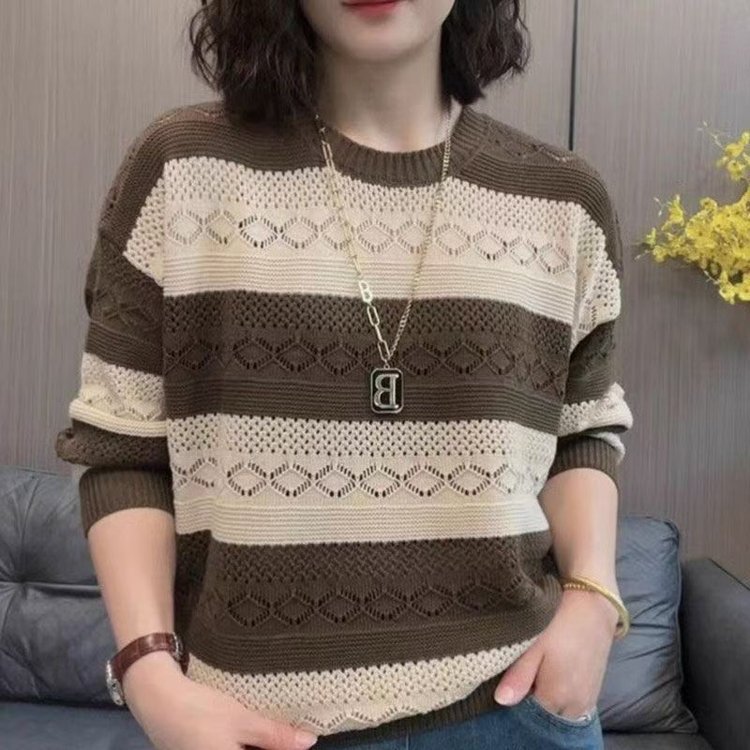 复古撞色条纹针织衫女秋季宽松显瘦套头毛衣中年休闲百搭妈妈上衣