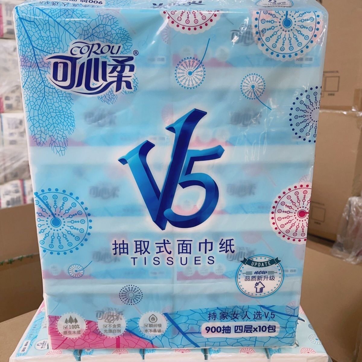可心柔V5抽纸10包整提 360张加厚 家用柔软面巾纸 实惠装卫生纸