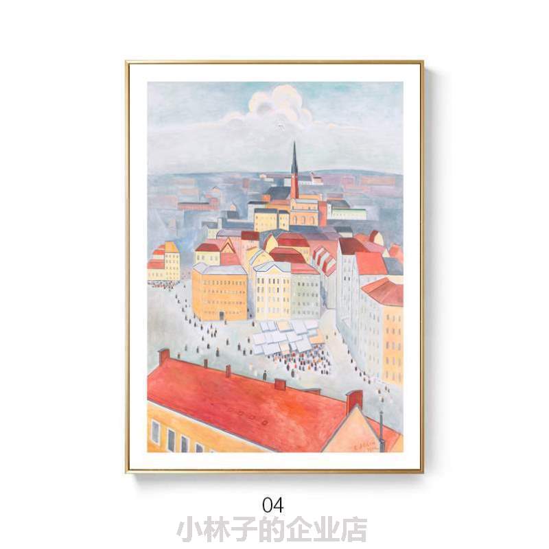 北欧[床民宿清新酒店装饰画油画复古简约小风景抽象建筑众小手绘图片