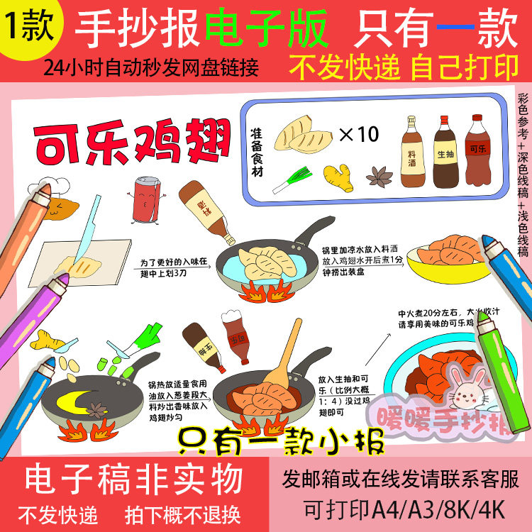 可乐鸡翅手抄报电子版小学生学做一道菜线描涂色可乐鸡翅儿童画