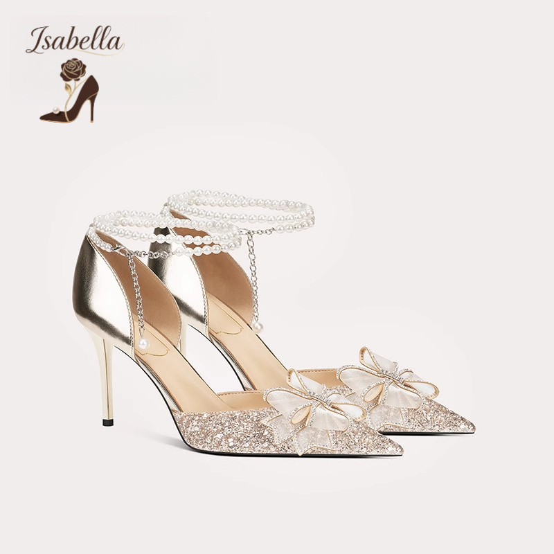 Isabella新款蝴蝶亮片尖头细跟凉