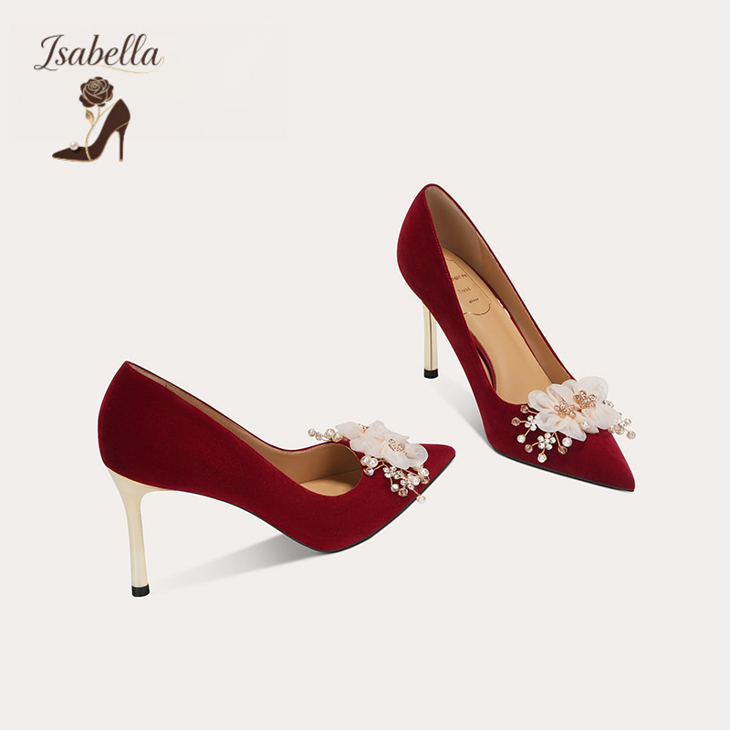 Isabella新款红色羊皮婚鞋女禾秀