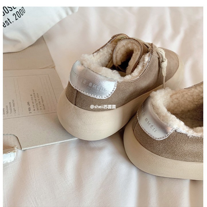 真皮牛反绒面包小脏鞋女厚底冬季雪地鞋做旧星星棉鞋休闲板鞋加厚