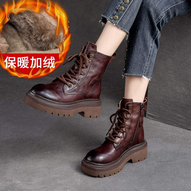 冬季新款保暖加绒马丁靴褶皱牛皮侧拉链圆头厚底时尚女鞋秋冬松糕