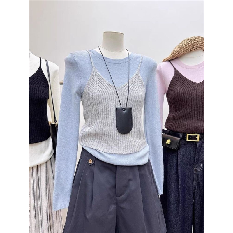 2025春季新款韩系小清新纯色打底衫上衣叠穿慵懒风针织马甲两件套,女装/女士精品,时尚套装,淘宝优惠券,粉丝福利购,淘宝优惠卷