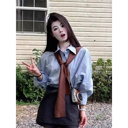 韩系穿搭针织披肩条纹衬衫女