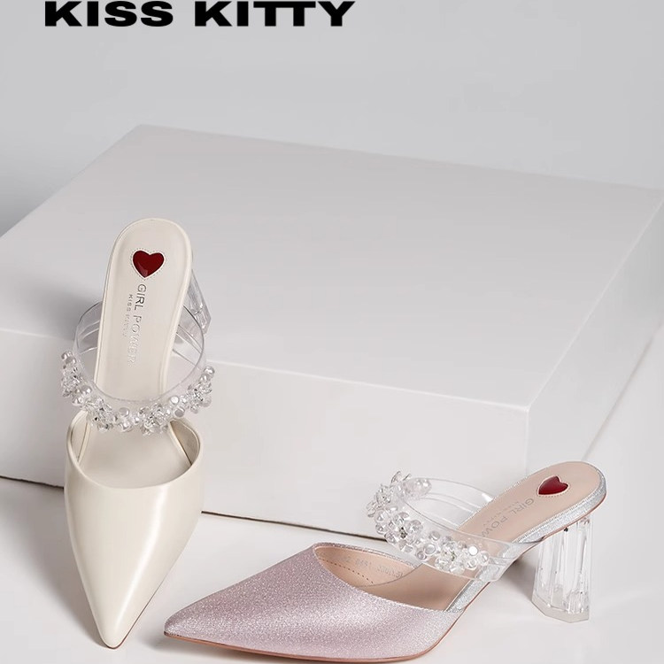 KISSKITTY春夏[尖头穆勒鞋]水晶粗高跟外穿包头凉拖鞋SA54128-82