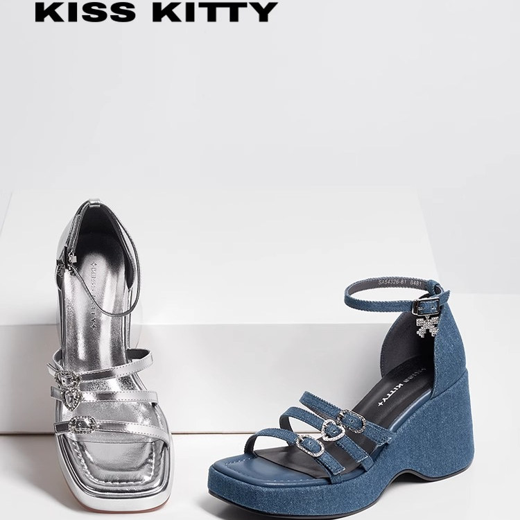 KISSKITTY夏季[牛皮水钻]一字带方头超高跟露趾凉鞋女SA54326-81