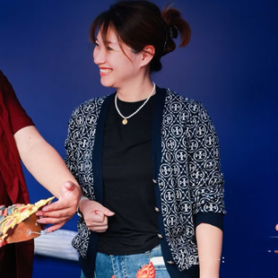 女士外贸TB轻奢美式双T提花羊毛混纺弹力舒适针织开衫毛衣