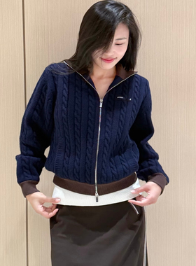 外贸mu系南油品质女装拼接翻领立领双拉链绞花羊毛针织开衫外套