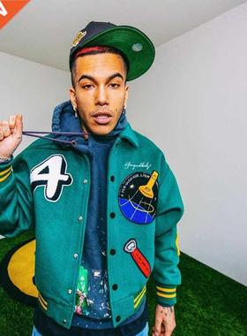 Men's Alphabet Green Print Jacket Single Breasted Cotton Loo