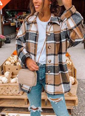 Autumn Plaid Jacket Women Overshirt Long Checkered Jacket Wo