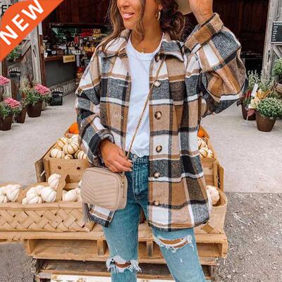 Autumn Plaid Jacket Women Overshirt Long Checkered Jacket Wo