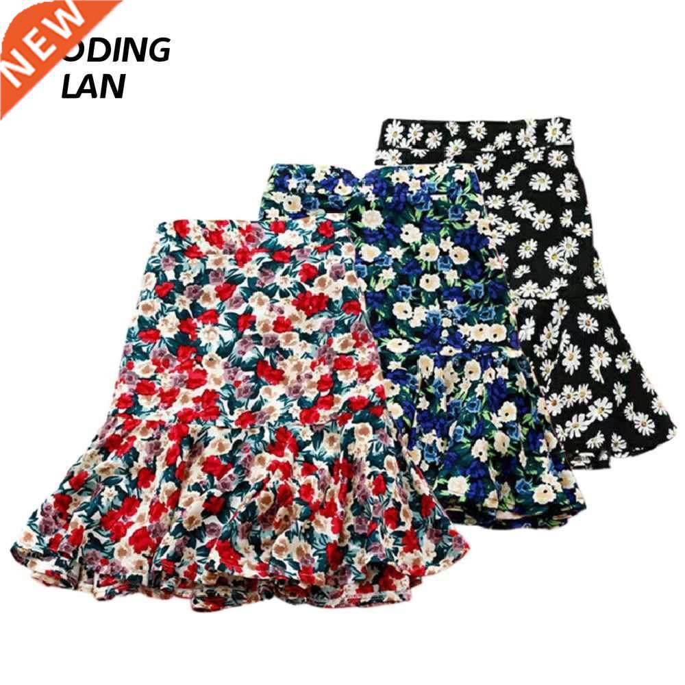 2022 New Summer Vintage Floral Print Short Skirt Female High
