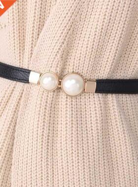 Women Double Pearl Belt PU Leather Dress Skirt Waist Elastic