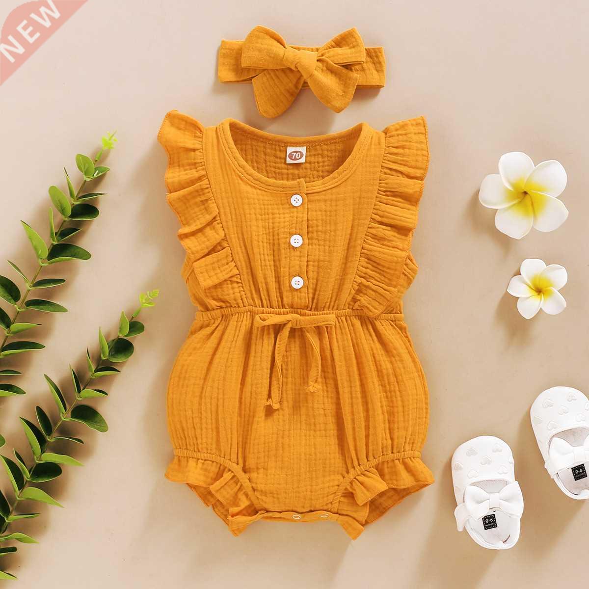 Summer Baby Girls Romper + Headband Cotton Linen Ruffles Sle