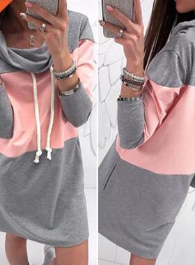Fashion Women Autumn Color Blocks Drawstring Hooded Dress Po