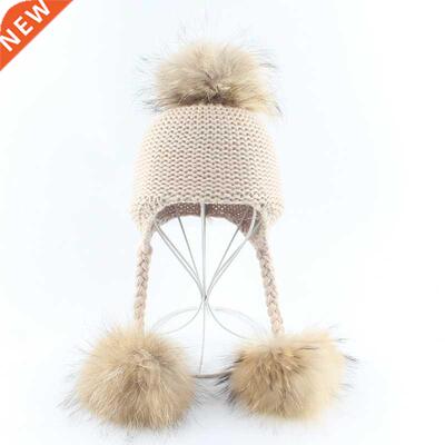BABY Real Fur Pompom Knitted Beanies Winter Warm Hats For Fi
