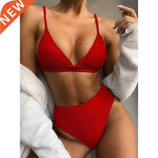 Push Up Bikini Set Swimsuits High Waist Swimwear Women Ribbe