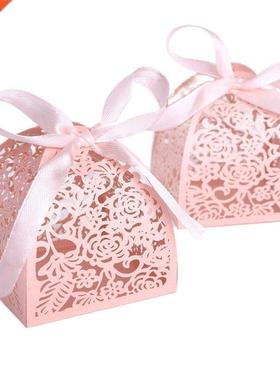 New 50/100pcslot Ribbon Pyramid Laser Cut Wedding Favor Cand