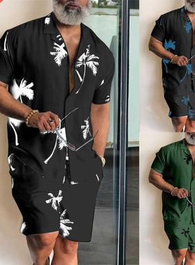New Men's Summer Large Size Shirt Set Fitness Outdoor Two-pi
