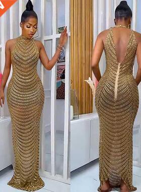 Sparkly Crystal Rhinestone Bodycon Maxi Dress Women Wedding