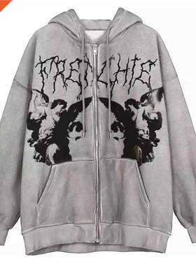 Plus Size Y2K Hoodie Zip-up Sweatshirt Angel Printing Jacket