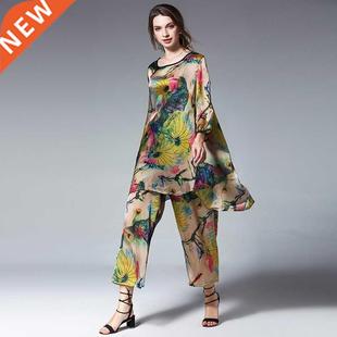 Casual Suits Lotus Plus Elegant Silk Size Print Womens Loose