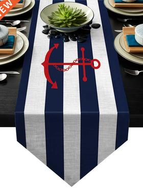 Simple Blue And White Stripes Anchor Table Runners Tableclot