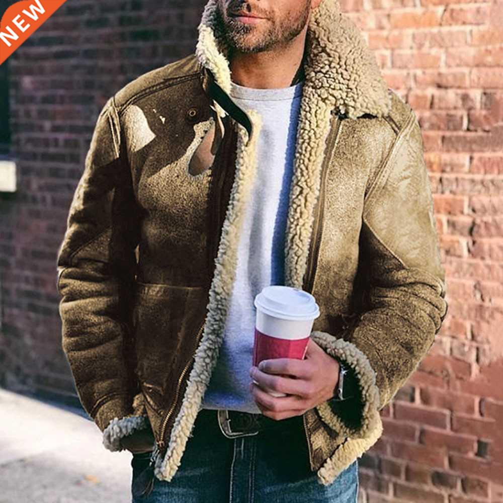 Winter Men's Suede Cloth Jacket Mens Fleece Fur Collar Motor