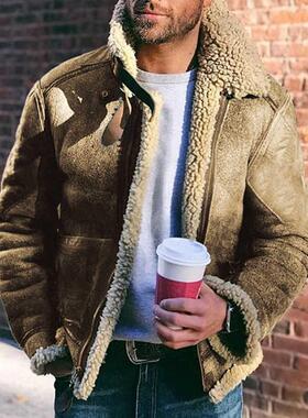Winter Men's Suede Cloth Jacket Mens Fleece Fur Collar Motor