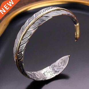 Silver Color Feather Bracelet for Men Women Vintage Gold Pla