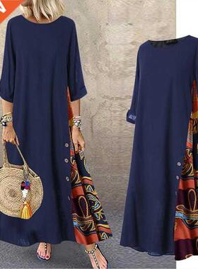 Women Vintage Maxi Dress Summer Solid O Neck Stitching Print