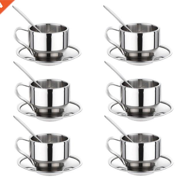 Set Of 6 Coffee Cup With Saucer And Spoon Set,Stainless Stee