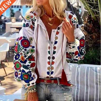 Fashion Floral Blouse Shirt Long Sleeve Shirt Flower V-Neck