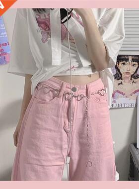 All-match fashion kawaii denim pink loose wide-leg women's j