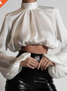 High Neck Blouse Shirt Woen Long Puff Sleeve Ladies Tops